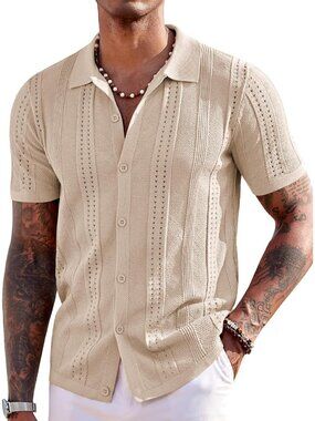 Men's Apricot Knit Short Sleeve Button Down Polo Casual Summer Beach Shirt
